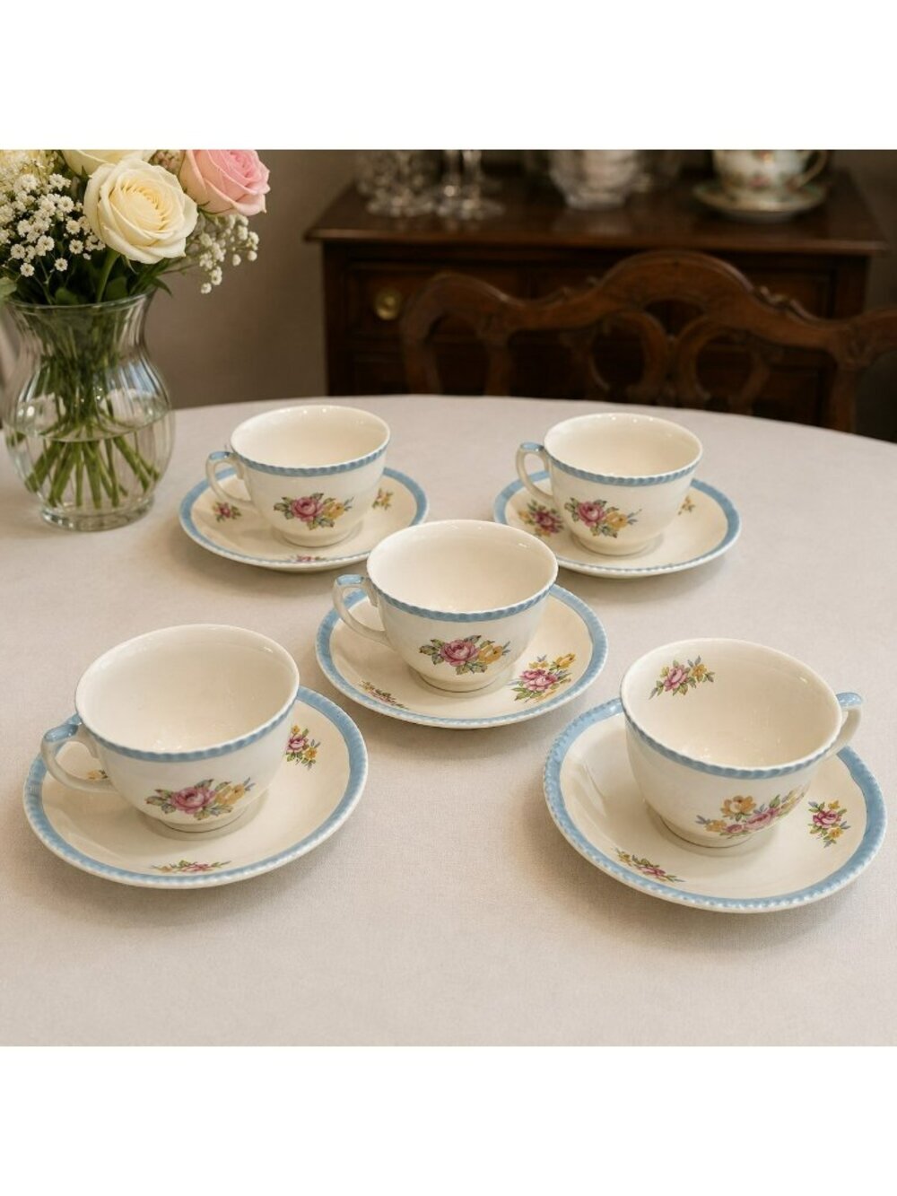 Woods Ivory Ware Set 5 Cup & Saucer Rare Floral Spray Pattern Vtg 1930s Art Deco